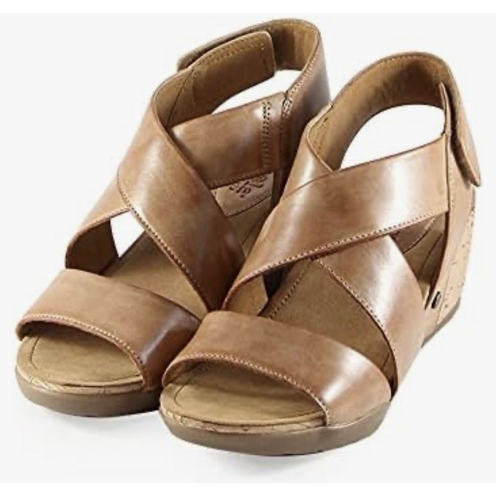 NIB - BUSSOLA Women's 'NEVA' Cow Texas Brandy ANKLE-STRAP WEDGE SANDALS  Size 8